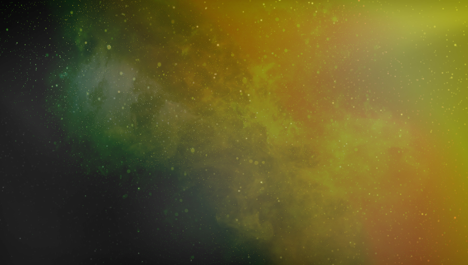 Dark green and gold cosmic cloud textures with scattered light specks, evoking a warm cinematic atmosphere